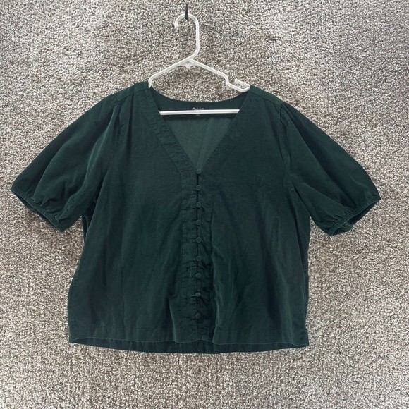 Madewell Tops - Madewell Blouse Womens Extra Large Green Short Sleeve Button Up V Neck Preppy
